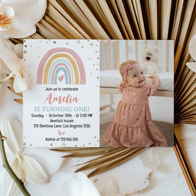 Boho Rainbow 1st Birthday Photo Invitation (Creator Uploaded)