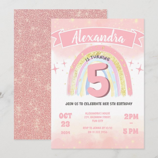 Boho Rainbow 5th Fifth Birthday Girl Glitter Invitation (Front/Back)