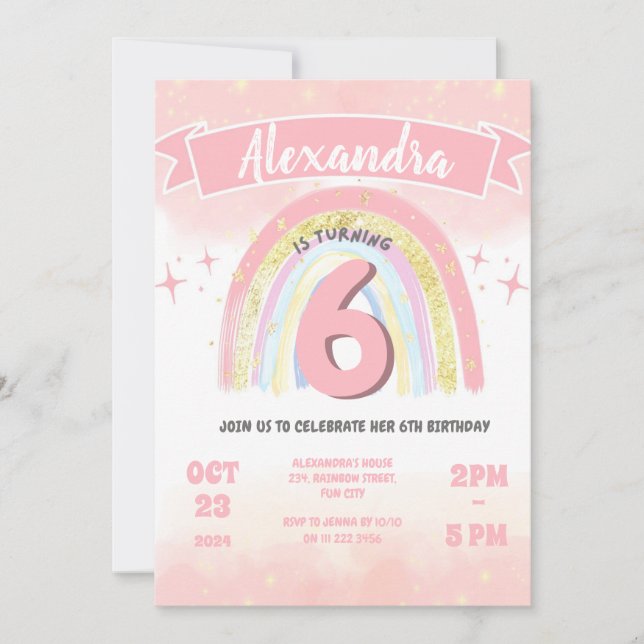 Boho Rainbow 6th Any Age Glitter Birthday Girl  Invitation (Front)