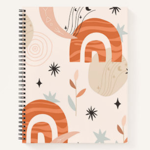 Boho rainbow abstract line art moon stars flowers  notebook