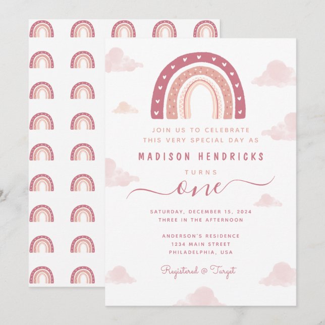 Boho Rainbow and Clouds Pastel Pink Birthday Invitation (Front/Back)