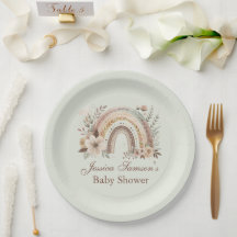 Boho Rainbow And Flowers Baby Shower Paper Plate