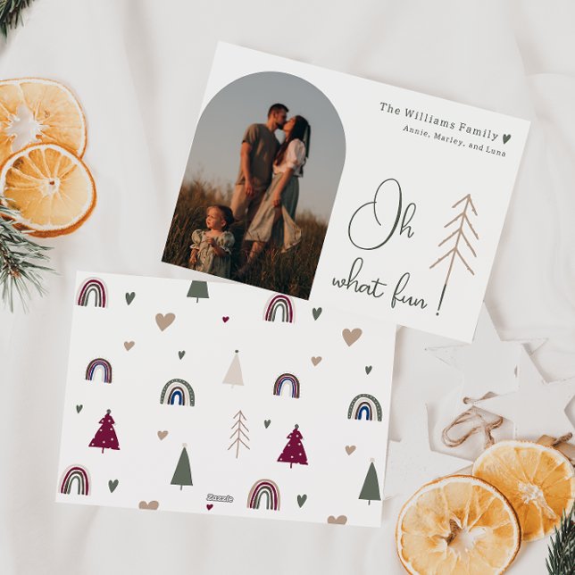 Boho Rainbow and Hearts Arch Oh What fun One Photo Holiday Card (Creator Uploaded)