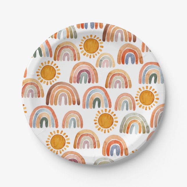 Boho Rainbow and Sun Watercolor  Paper Plate (Front)