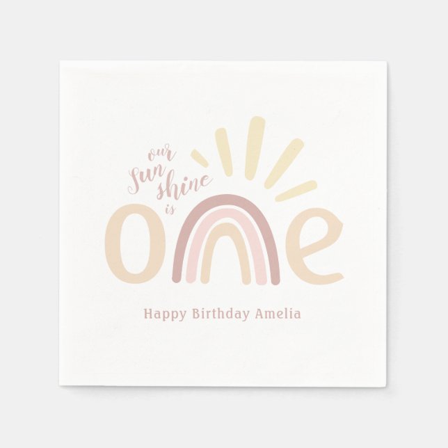 Boho Rainbow and Sunshine 1st Birthday Napkin (Front)