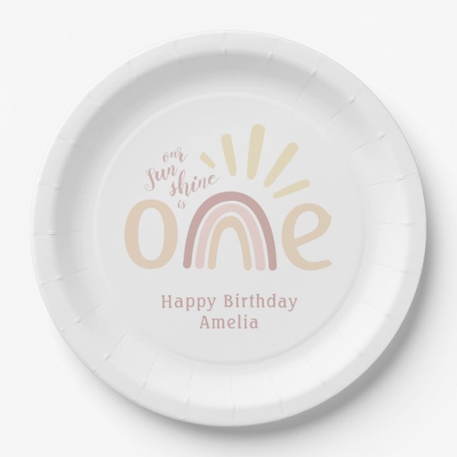 Boho Rainbow and Sunshine 1st Birthday Paper Plate (Front)