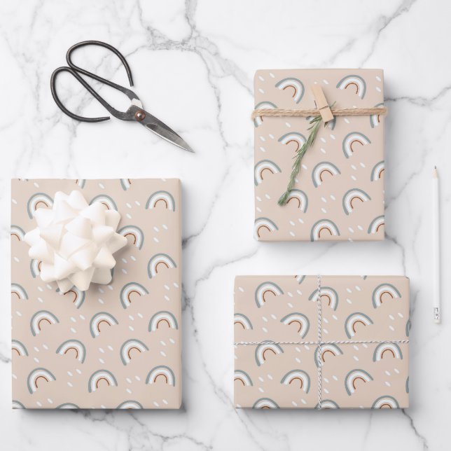 Boho Rainbow Baby Shower Beige Terracotta Green  Wrapping Paper Sheet (Front)