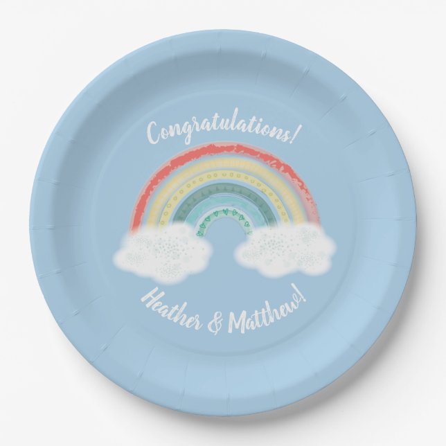 Boho Rainbow Baby Shower Blue Boy Paper Plate (Front)