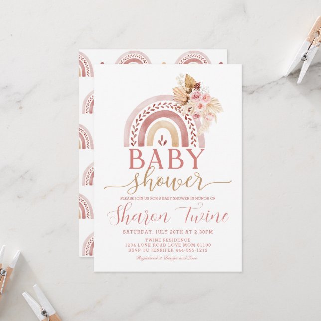Boho Rainbow Baby shower Invitation Pampas Grass (Devant/Arrière en situation)