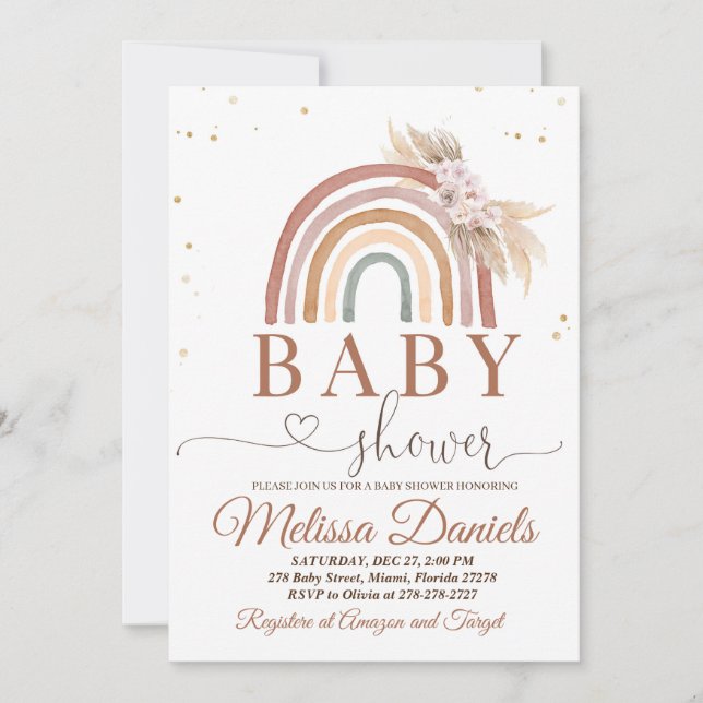 Boho Rainbow Baby shower Invitation Pampas rose (Devant)