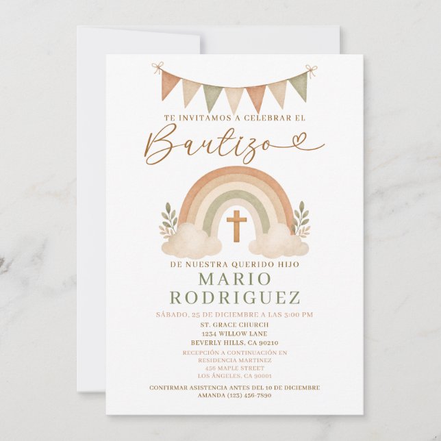 Boho Rainbow Bautizo Invitation Spanish (Front)