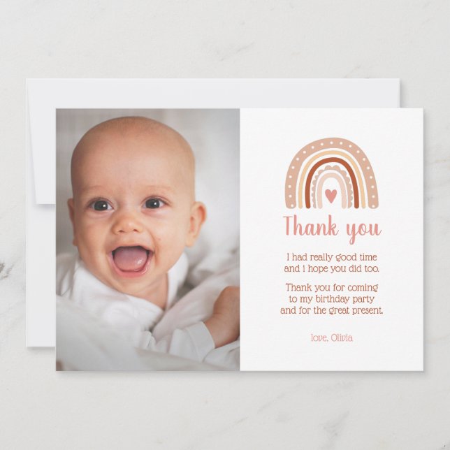Boho Rainbow Birthday Photo Thank You Invitation (Front)