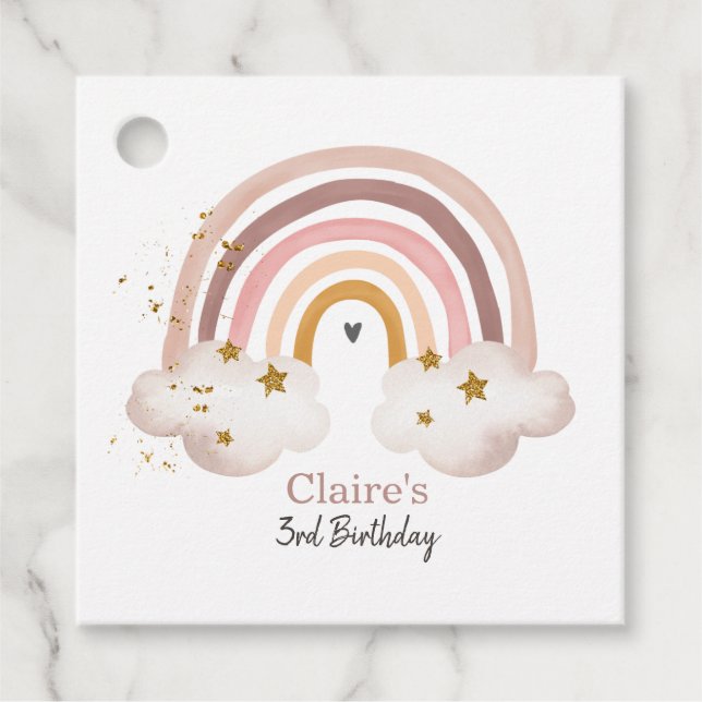 Boho Rainbow Birthday Tag Pastel Neutral Modern (Front)