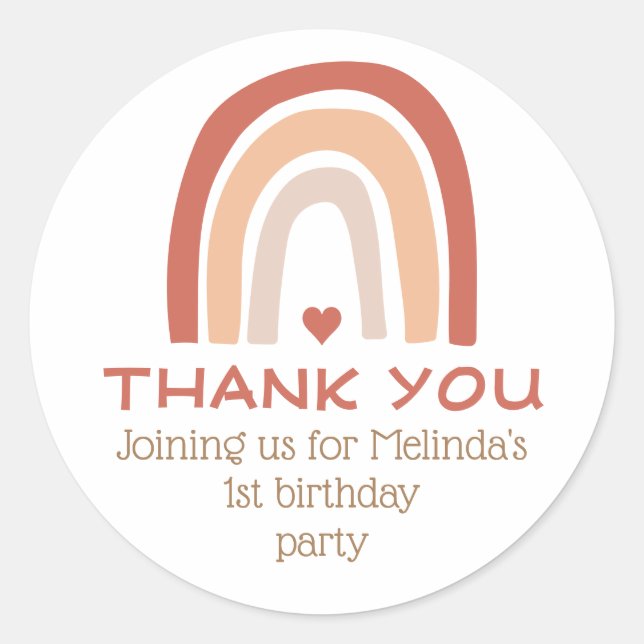Boho Rainbow Birthday Thank You Classic Round Sticker (Front)
