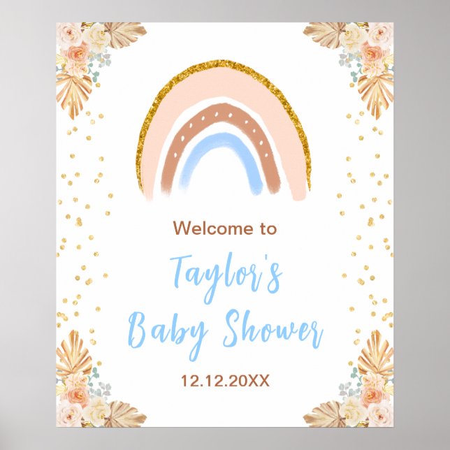 Boho Rainbow Blue Baby Shower Welcome Poster (Front)