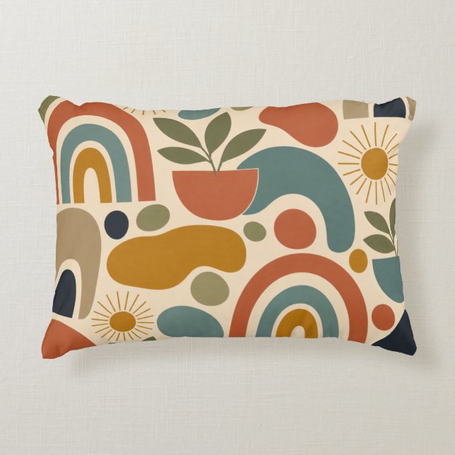 Boho Rainbow & Botanical Seamless Pattern Accent Pillow (Front)
