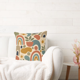 Boho Rainbow & Botanical Seamless Pattern Throw Pillow