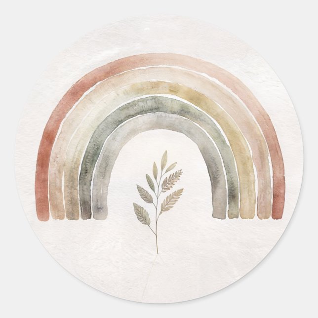 Boho Rainbow Botanical Watercolor Classic Round Sticker (Front)