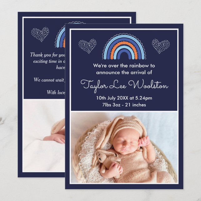 Boho Rainbow Boy Faire-part de naissance bleu mari (Devant / Derrière)