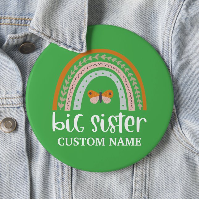 Boho Rainbow & Butterfly Personalized Big Sister 6 Inch Round Button (In Situ)