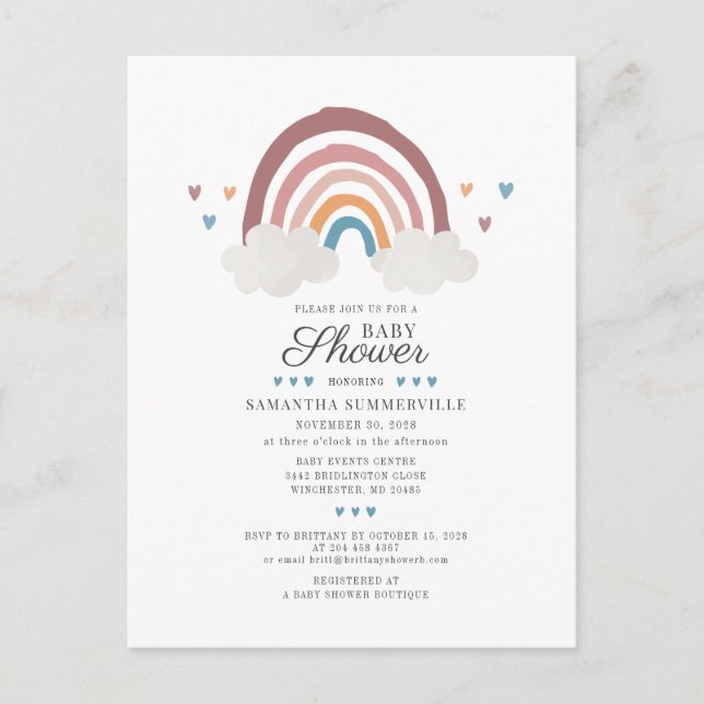 Boho Rainbow Chic Watercolor Script Baby Shower Invitation Postcard (Front)