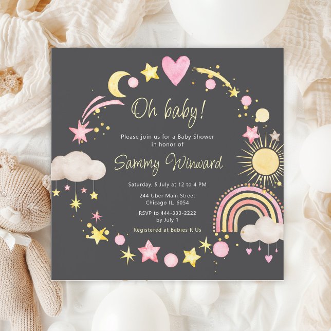 Boho Rainbow Clouds Pink Baby Shower Invitation (Creator Uploaded)