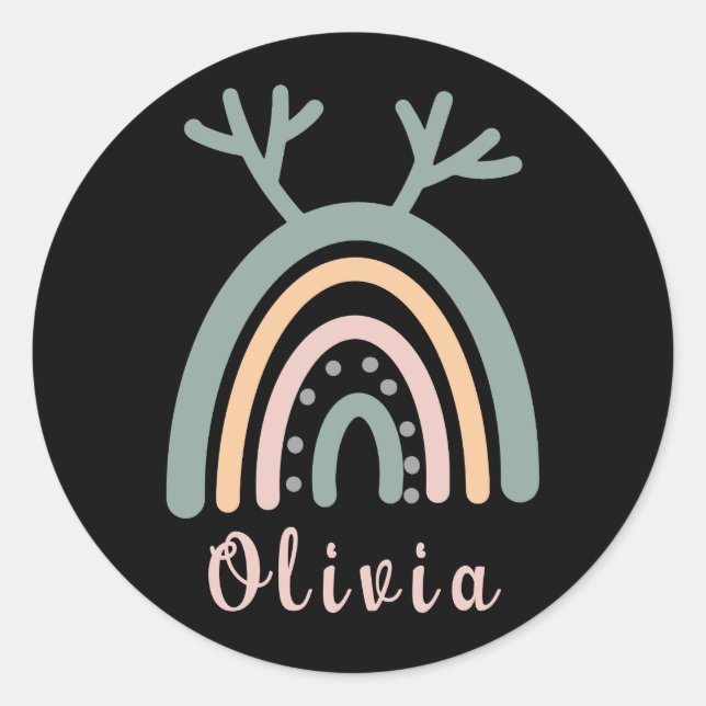 Boho Rainbow Cute With Personalized Name  Classic Round Sticker (Front)