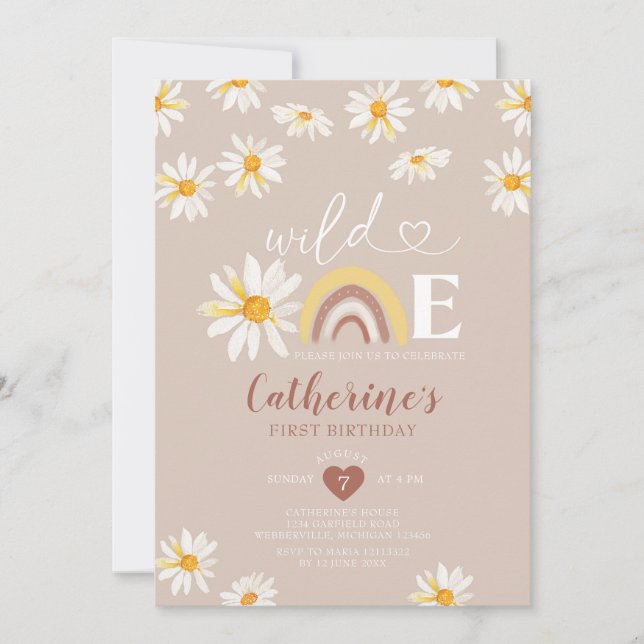 Boho Rainbow Daisy Flowers Wild One Birthday Invitation (Front)
