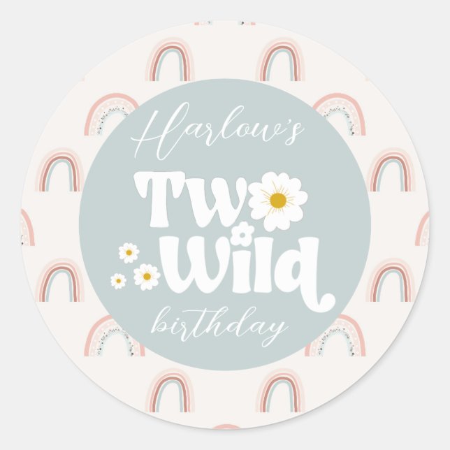 Boho Rainbow Daisy Two Wild Girl's 2nd Birthday Classic Round Sticker (Front)