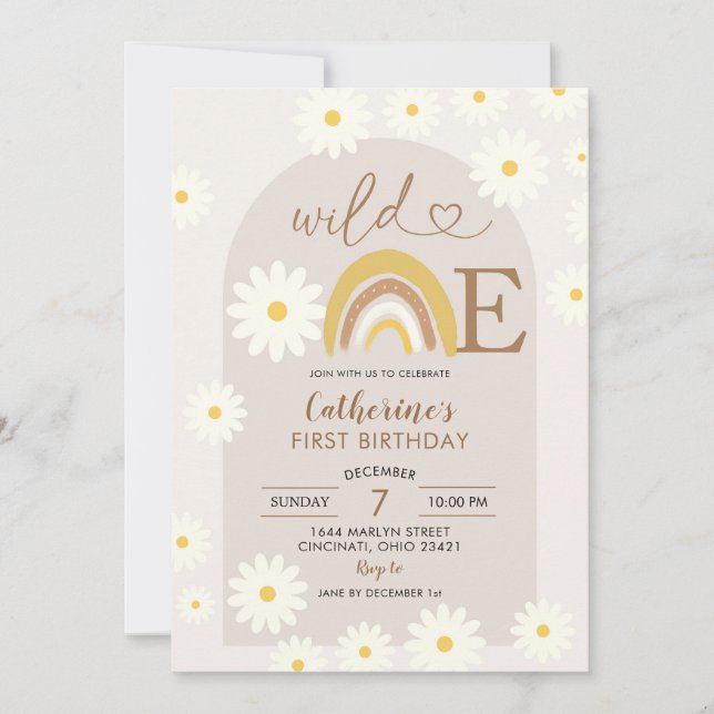 Boho Rainbow Daisy Wild One Birthday Invitation (Devant)