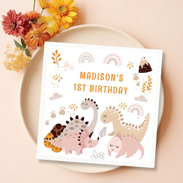 Boho Rainbow Dinosaur Birthday Party Napkins (Creator Uploaded)