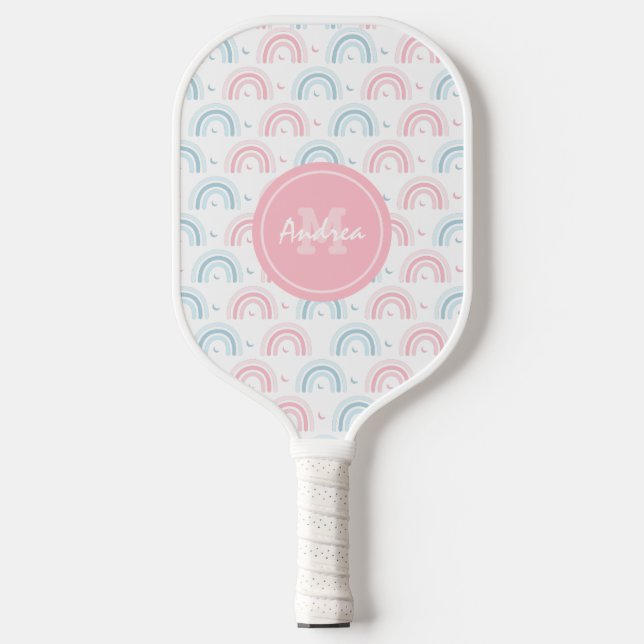 Boho Rainbow Dusty Pink & Blue Moon Monogram Cute  Pickleball Paddle (Front)