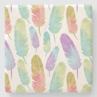 Boho Rainbow Feathers Stone Coaster
