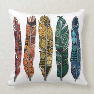 boho rainbow feathers throw pillow