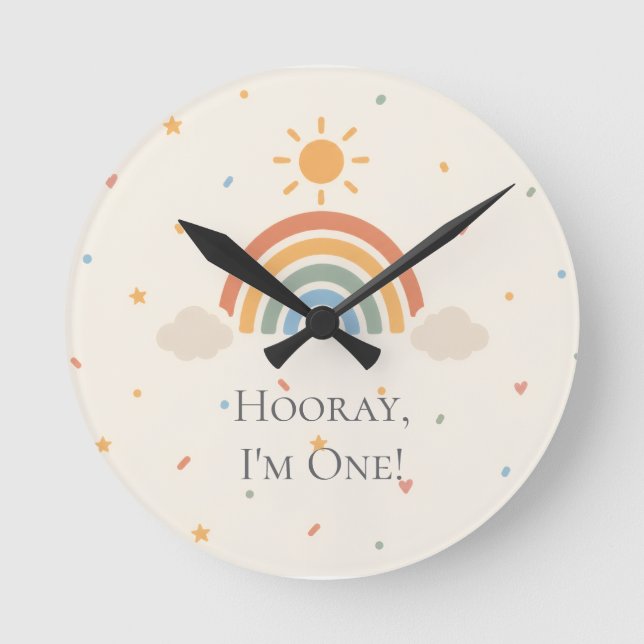 Boho Rainbow First Birthday Favour Box Round Clock (Front)