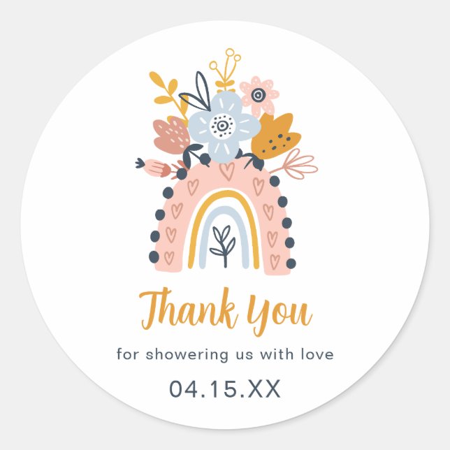 Boho Rainbow Floral Baby Shower Thank You Classic  Classic Round Sticker (Front)