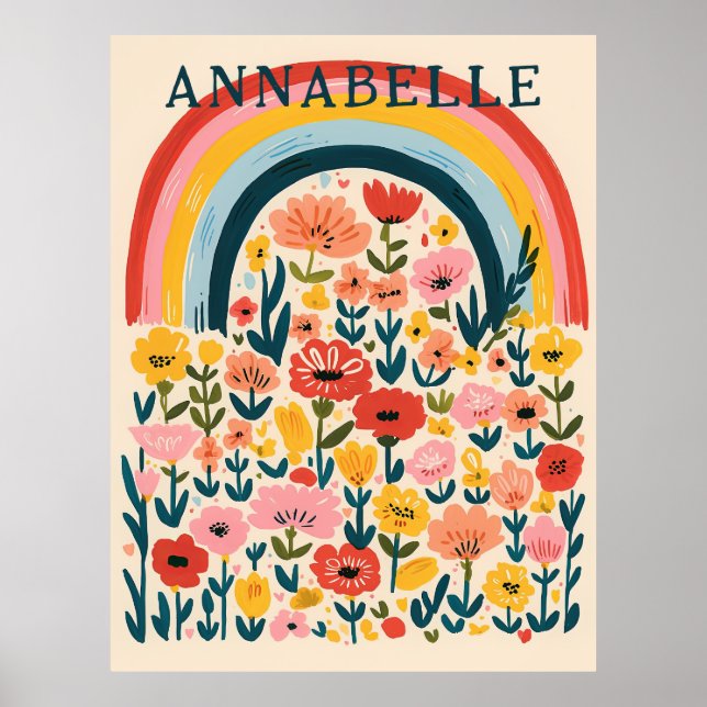 Boho Rainbow Flowers Illustration First Name Poster (Front)
