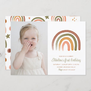 Boho Rainbow Gender Neutral Birthday Photo Invitation