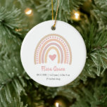 Boho Rainbow Girl Birth Stats Photo Baby Christmas Ceramic Ornament<br><div class="desc">Cute Baby's First Christmas Ornament with a pink heart inside of a boho rainbow along with baby's name and birth stats.  The backside has your favourite newborn photo.  This modern baby ornament makes a great Christmas gift for new parents of a baby girl.</div>