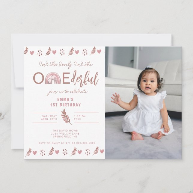 Boho Rainbow Girl Lovely Onederful Birthday Invitation (Front)
