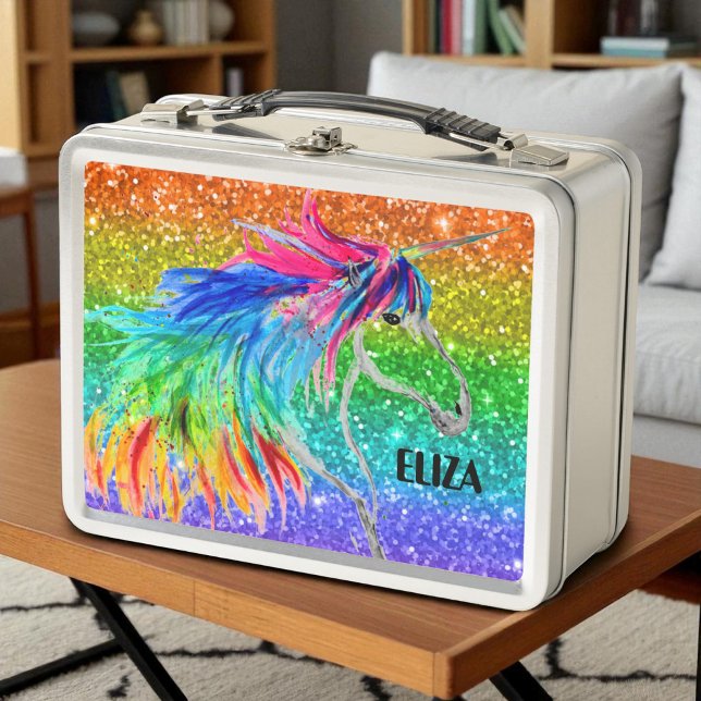 Boho Rainbow Glitter Cute Girls Unicorn Kids Metal Lunch Box (Creator Uploaded)