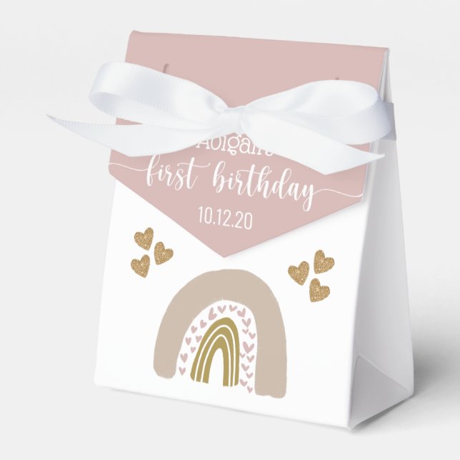 Boho Rainbow Glitter Heart First Birthday Favour B Favor Box (Front Side)
