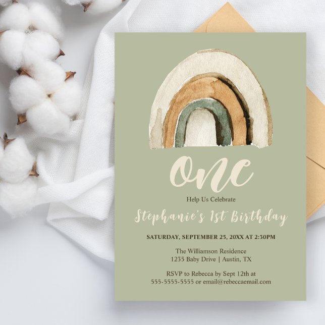 Boho Rainbow Green 1st Birthday Budget Invitation (Creator Uploaded)