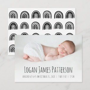 Boho Rainbow Hand Drawn Black White Birth Announcement