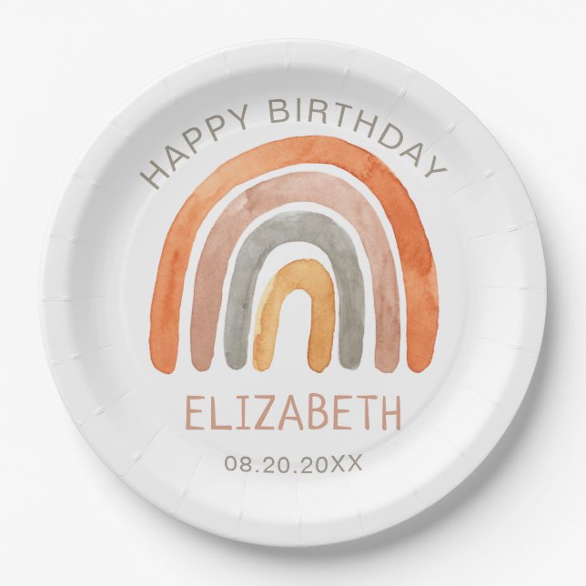 Boho Rainbow Happy Birthday  Paper Plate (Front)