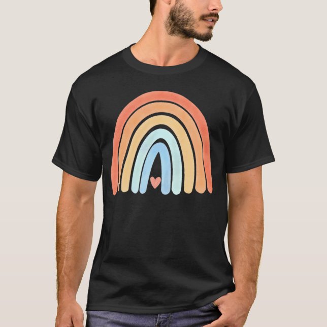 Boho Rainbow Heart Minimal Stripes Neutral T-Shirt (Front)