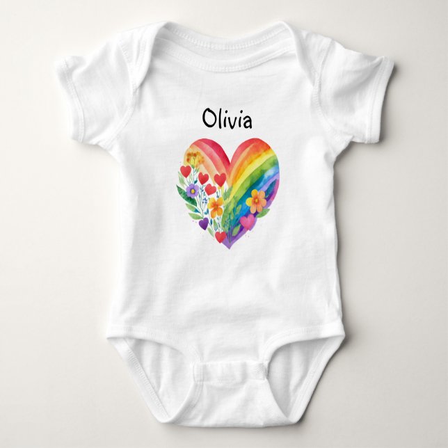 Boho Rainbow Heart Personalized Baby Bodysuit (Front)