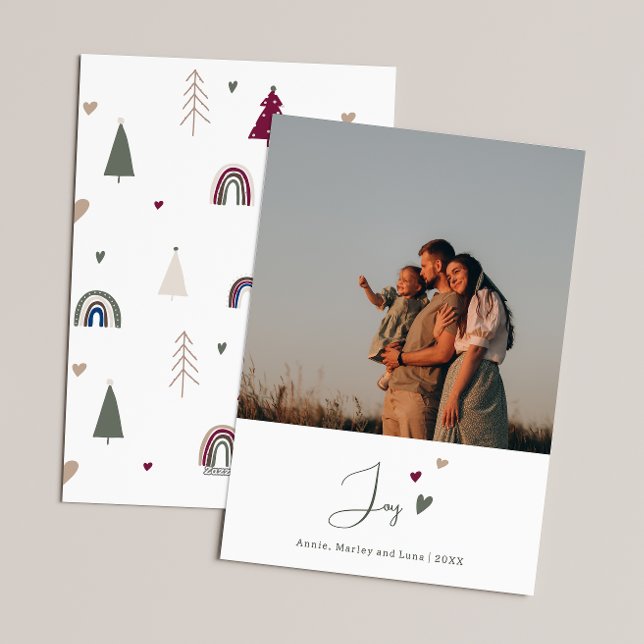 Boho Rainbow & Hearts Joy Vertical Photo Christmas Holiday Card (Creator Uploaded)