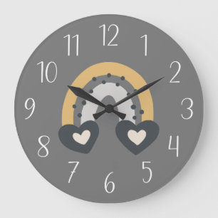 Boho Rainbow Hearts on Grey Large Clock