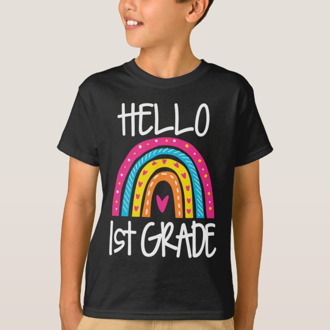 Boho Rainbow Hello 1st Grade First Day School Teac T-Shirt (Front)